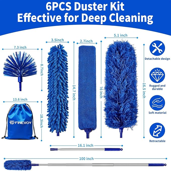 6-in-1 Duster with Extension Pole, 100" Long Reach Cleaning Kit for Home | Cobweb Duster and Microfiber Feather Gap Cleaner, Ideal for High Ceiling Fans, Blinds, Cars, Furniture and High Reach Set