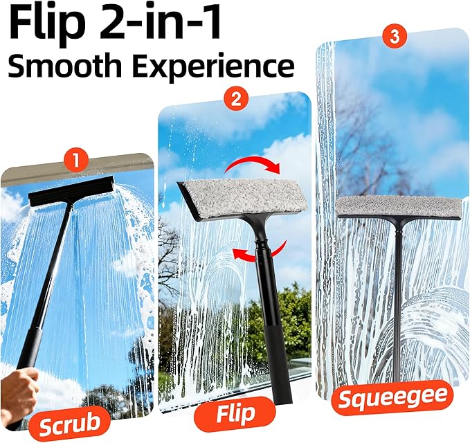 16-59" Telescopic 2-in-1 Window & Shower Squeegee for Glass Doors | 30% thicker silicone blade, microfiber pad, ideal for car windshields, bathroom tiles, RVs, safe high reach without ladders