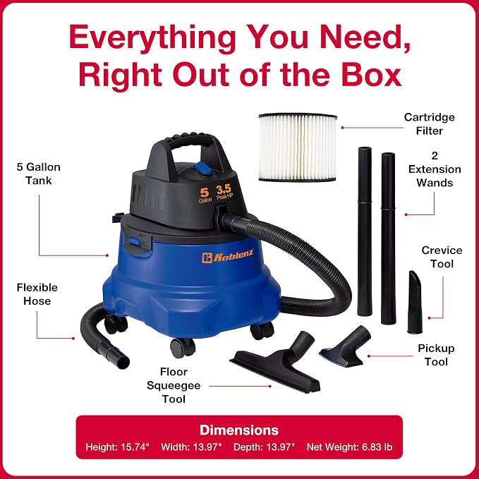 Koblenz WD-5 L2 Wet Dry Vacuum Cleaner, Blower, Shop Vac 3.5 PHP, 5 Gallon | 3-in-1 Suction & Blower, Swivel Casters, Twist-N-Lock Hose, Large Vacuum Cleaners for Home, Workshop, Car, Blue/Black