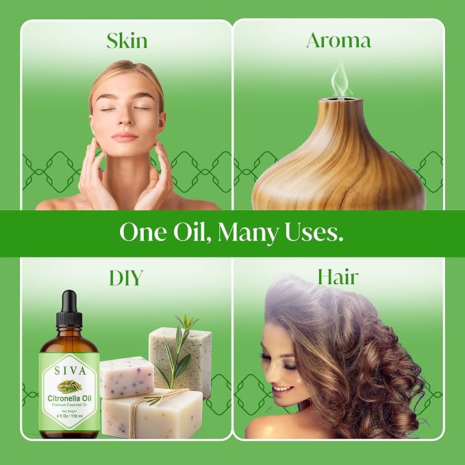 Siva Citronella Essential Oil, Glass Bottle with Dropper, 4 Fl Oz (118 ml) | Citronella Oil for Outdoor Spray, Patio, Diffuser, Home Fragrance, Candle, Soap, Body Massage, Cleaning Blends & DIY Projects