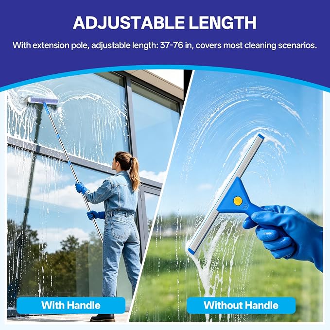 Professional Window Glass Cleaning Kit with 14" Window Squeegee & 15" Scrubber, 3 Gallon Collapsible Bucket, 76 Inch Spliced Pole Complete Glass Washing Tools for Indoor Outdoor Home Car Cleaning