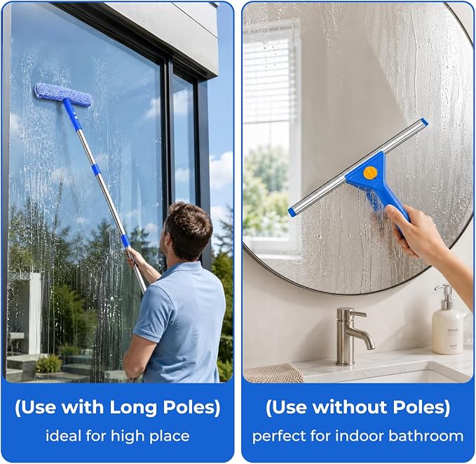 UFORU Professional Window Cleaning Kit with Bucket 3 Gallon for High Indoor | 14" Window Squeegee & 15" Microfiber Scrubber, 76" Adjustable Handle, Effortless Cleaning for High Windows, Homes & Offices