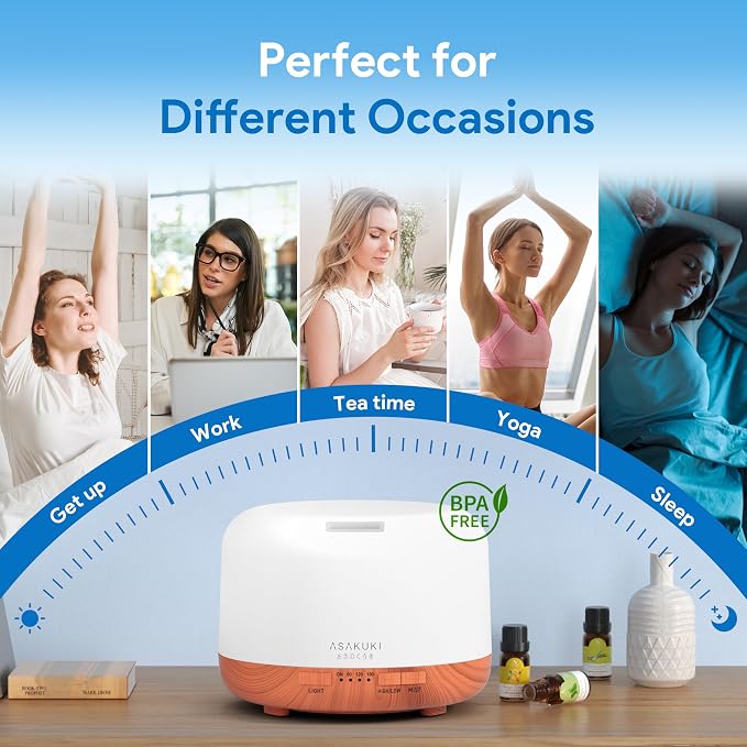 ASAKUKI Essential Oil Diffuser for Home, 500ML Aromatherapy Humidifier | with Remote Control, 7 Color LED Lights, Quiet Cool Mist Diffuser for Bedroom, Living Room, Office (Yellow)