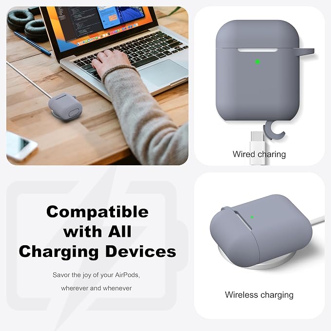 R-fun for AirPods 1/2 Case, Soft Silicone Protective Cover with Keychain and Cleaning Pen, Compatible with AirPods 2nd/1st Generation (2016/2019), Full Drop Protection Cover, Dark Gray