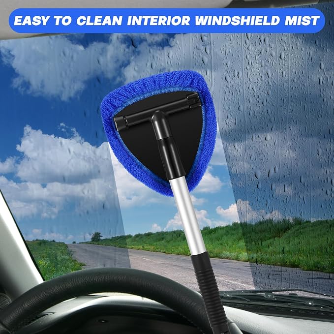 Potchen 8pcs Car Windshield Cleaner Tool with Extendable Handle, Blue | with Microfiber Towel Pads, Brush, Empty Spray Bottle, Car Window Cleaner for Auto Glass Wiper Suvs Rvs & Home Windows