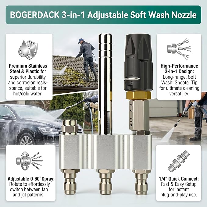 Stainless Steel 3-in-1 Downstream Soft Wash Nozzle, M5 Twist Shooter Tip with 1/4" Quick Connect, 0° to 60° Adjustable Spray Pattern for Pressure Washer 3-7 GPM – for Roofs, Siding, Vehicles