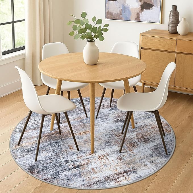IOHOUZE Abstract Round Area Rug 6 Ft Washable Circle Rugs Large Round Rug Non Slip Thin Soft Circle Rugs, Printed Faux Wool Floor Carpet for Bedroom Living Room Dining Room Nursery, Orange Grey