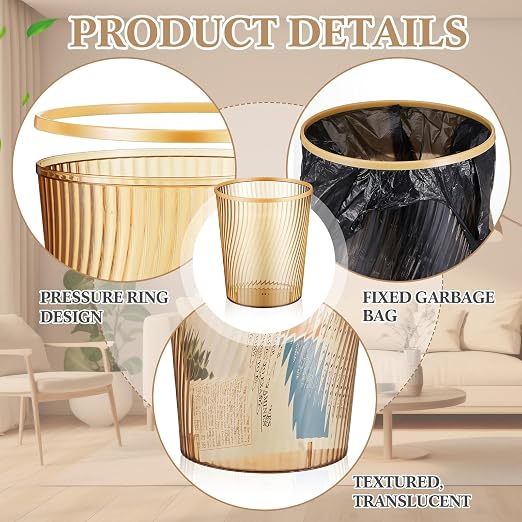 Honeydak 4 Pack Gold Trash Can 3 Gallon Plastic Wastebasket Garbage Bin Round Translucent Lightly Threaded Large Capacity Modern 8.39 x 9.84 Inch for Bathroom Bedroom Kitchen Dorms Office Decorative