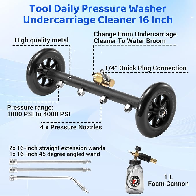 Tool Daily 16" Dual-Function Undercarriage Pressure Washer Attachment | Undercarriage Cleaner with 1L Foam Cannon, Car Wash Water Broom with 3 Extension Wands, 5 Modes for Power Wash, 3600 PSI