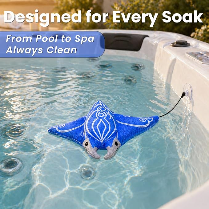 Swimming Pool & Swim Spa Scum Absorber - Blue Oil Absorbing Stingray, Reusable Floating Sponge Soaks Up Oil Lotion Makeup, Machine Washable, Inground & Above Ground Pools
