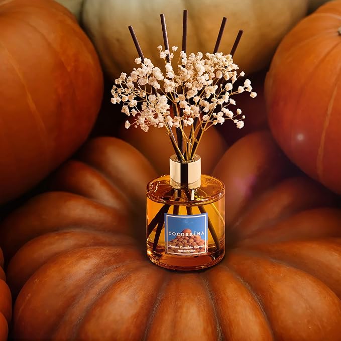 Reed Diffuser - Morton Pumpkin Harvest Reed Diffuser Set with 8 Sticks & Preserved Baby's Breath, Reed Diffuser for Home Bathroom Shelf Decor