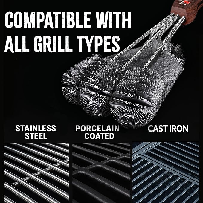 Kona 360 Clean Grill Brush - 18 inch Best BBQ Grill Brush - Wood Grain Designer Handle - Stainless Steel 3-in-1 Grill Cleaner Provides Effortless Cleaning