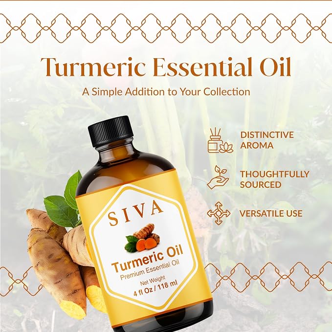 Siva Turmeric Essential Oil, Glass Bottle with Dropper, 4 Fl Oz (118 ml) | Turmeric Oil for Skin Care, Face Care, Hair Care, Body Massage, Diffuser, Soap Making, Candle Making, Blending & DIY Projects