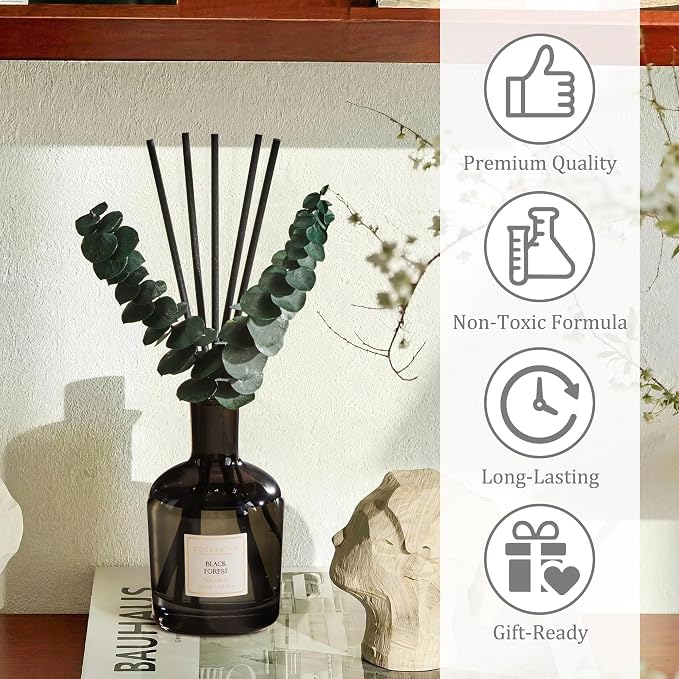 Black Forest Reed Diffuser, 6.76 oz | Real Dried Eucalyptus Leaves, 8 Reeds, Long-Lasting Essential Oil, Home Fragrance, Bedroom or Bathroom Décor