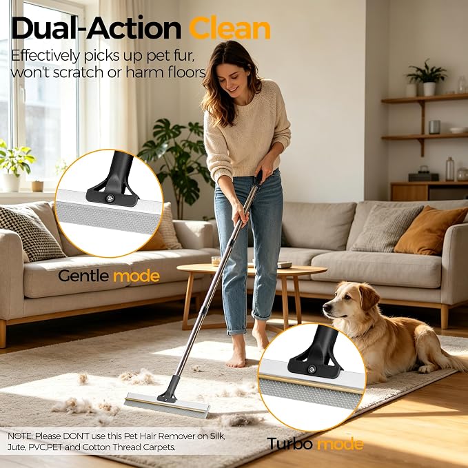Carpet Rake for Pet Hair Removal, Dual-Action Hair Remover, Black | 2 in 1 TPU and Copper Rake Teeth, 54’’ Adjustable Long Handle, Reusable Cat & Dog Fur Broom for Carpets,Rugs, Mats,Car