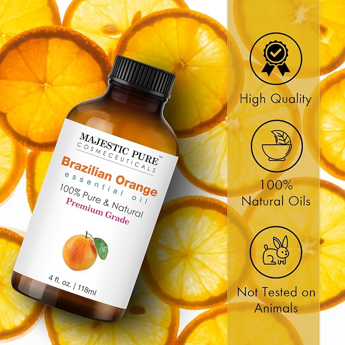 Majestic Pure Brazillian Orange Essential Oil for Diffuser - 4 Fl Oz | 100% Natural Premium Grade Oil for diffuser blends, candle making, wax melts, soap making, massage, Air Freshening