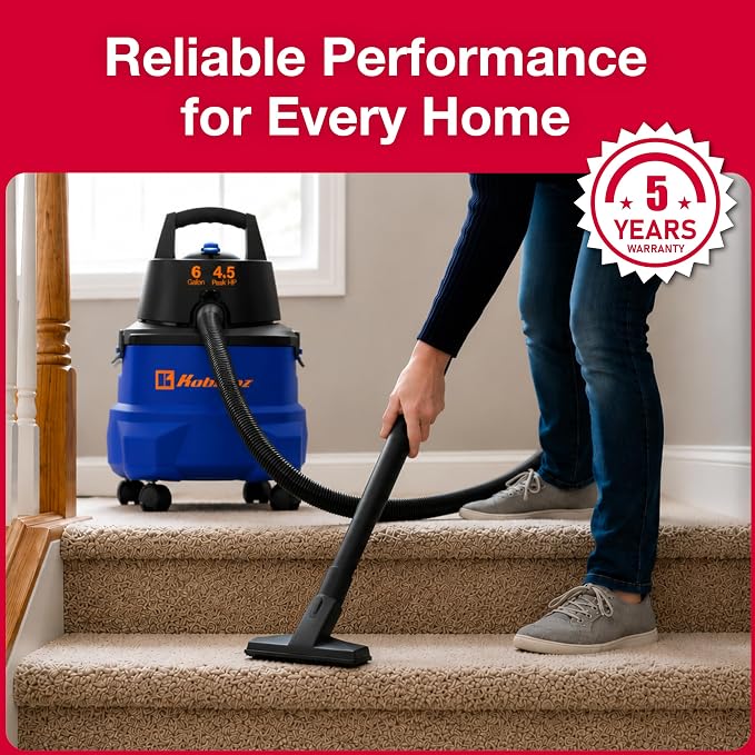 Koblenz WD-6 L212 Wet Dry Vacuum Cleaner, 6 Gallon | 3-in-1 Suction & Blower, 16 ft Reach, Big Cleaner for Car, Shop Vacuum Wet and Dry, Swivel Casters, Black/Blue