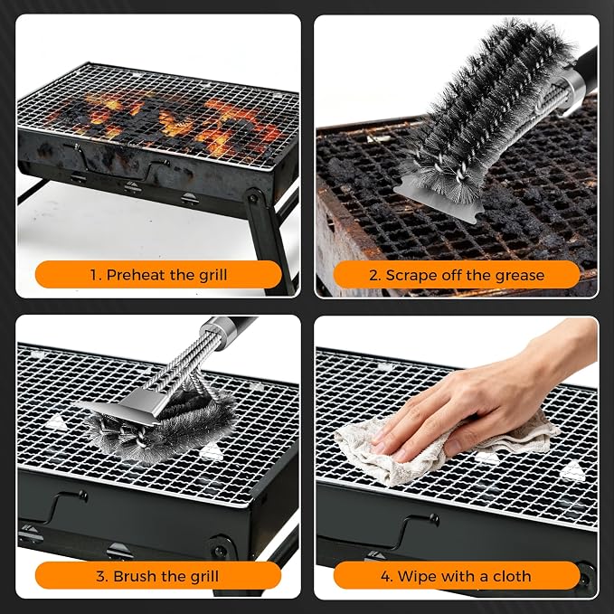 18'' BBQ Grill Cleaning Brush Scraper, 3 in 1 Barbecue Woven Wire Brush for Grill, Stainless Grill Grate Cleaner, for Weber Gas, Charcoal, Electrical, Infrared