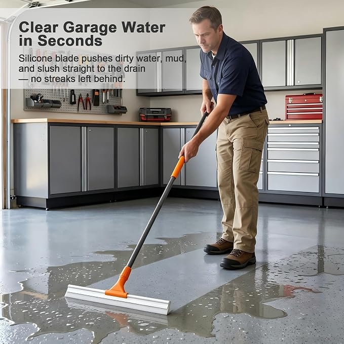 CLEANHOME Silicone Floor Squeegee for Shower Glass, Floor, and Garage | Heavy-Duty Pet Hair Remover, Bathroom Tile Cleaner, Window Wiper - Flexible, No Streaks, Compact Storage