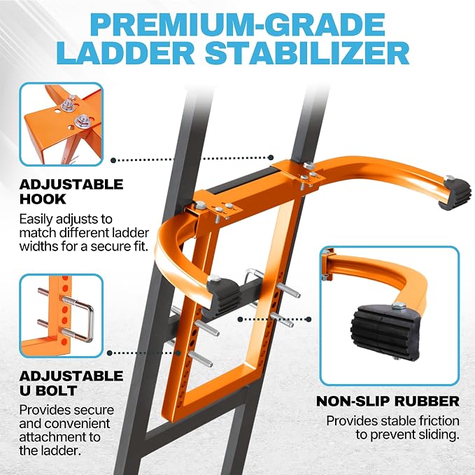 Heavy Duty Ladder Stabilizer | Carbon Steel Extension Ladder Standoff with Anti-Slip Rubber Feet for Gutter Cleaning, Painting & Roofing - Professional Grade Ladder Accessory for Extension Ladders