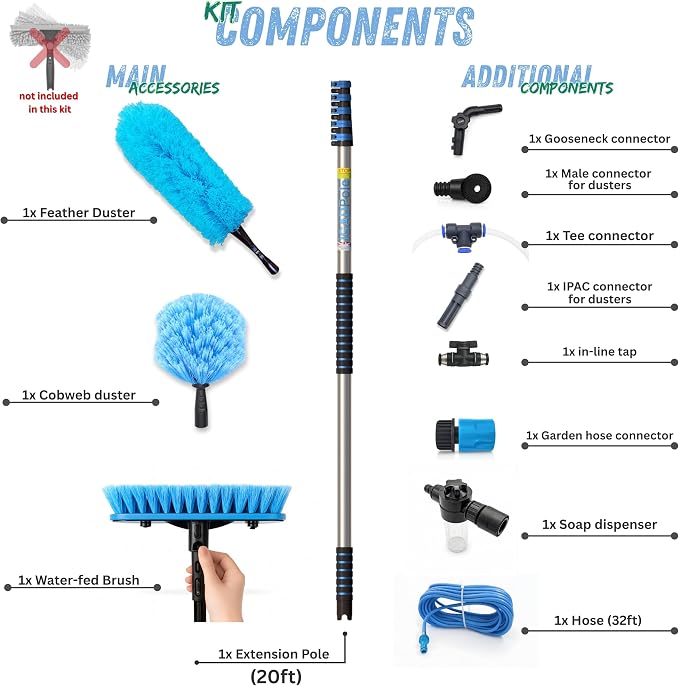 IGADPole 20 FT Water-Fed Cleaning Kit – Extendable Telescopic Pole with Soap-Dispenser, Brush & Cobweb Duster, Adjustable 5-20 FT Handle for Safe High Window, Gutter, Solar Panel & Exterior Cleaning