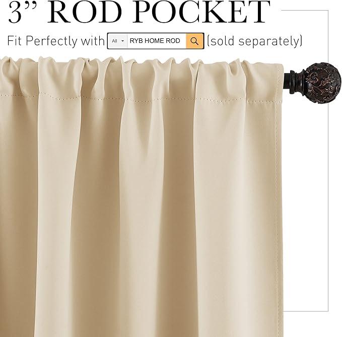 RYB HOME Room Darkening Curtains Small Window Treatment Blackout Draperies Decorate Window for Bedroom Living Room Home Office Loft, W 42 x L 54, Biscotti Beige, 2 Pcs