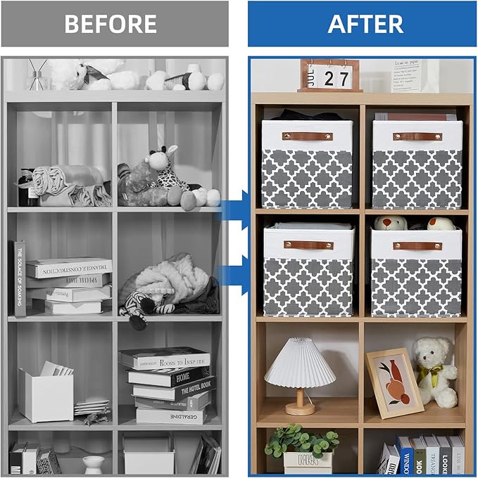 Temary 11x11x11 Cube Storage Bins Cube Organizer Bins 4 Pack Canvas Storage Bin for Home, Cube Storage Basket with Leather Handles(Grey Lattice)