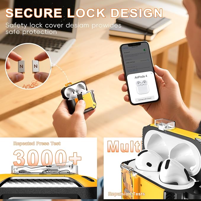 R-FUN for AirPods 4 Case with Lock Magnetic Lid MagSafe, Yellow | Compatible with Apple AirPods 4th Generation Protective Case with Cleaner Kit & Carabiner, Powerful Drop Protection
