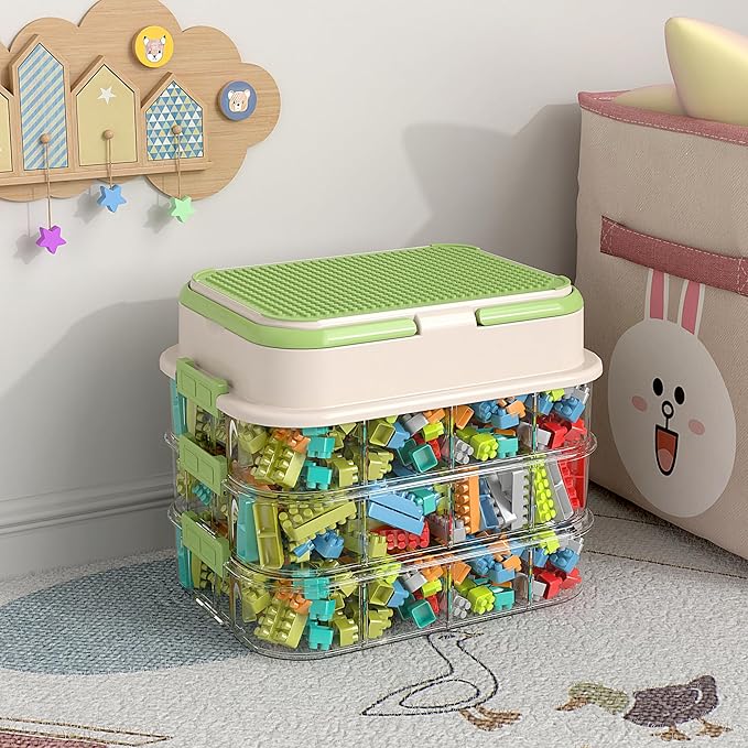 Toy Storage Organizer Box with Handle, Stackable Building Block Toy Box with Building Plate Lid & Removable Sorting Trays, Cubby Bins and Containers 3 Layer (Green)