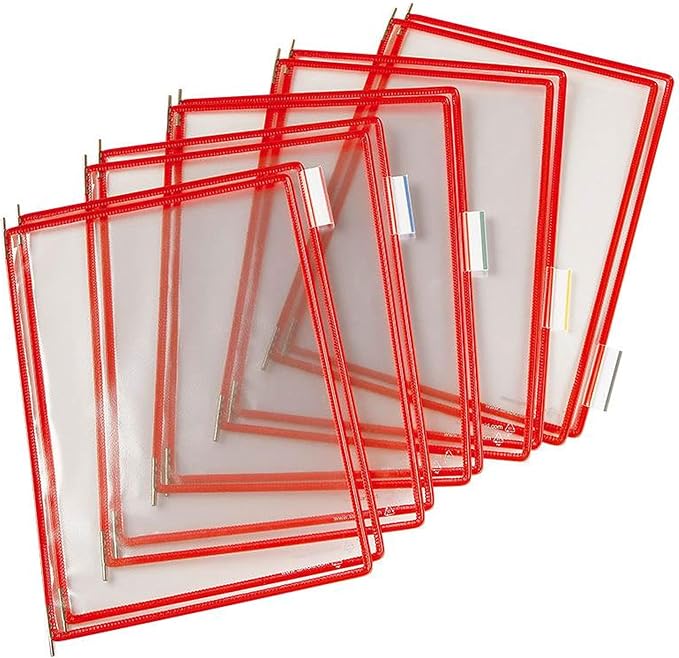 Tarifold Desktop Reference Display System, 50 Pockets, Expandable, Red | 50 double-sided PVC pockets, holds 100 letter-size sheets, sturdy metal base, quick-find indexing, quick and easy to assemble