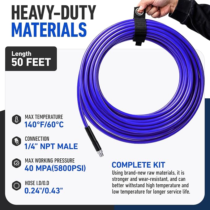 Sewer Jetter Kit for Pressure Washer 50 FT, Drain Cleaner Hose with Power Washer Gun, 1/4 Inch NPT Corner, Rotating and Button Nose Sewer Jetting Nozzle,Waterproof Tape, Pearl Corsage Pin, Spanner