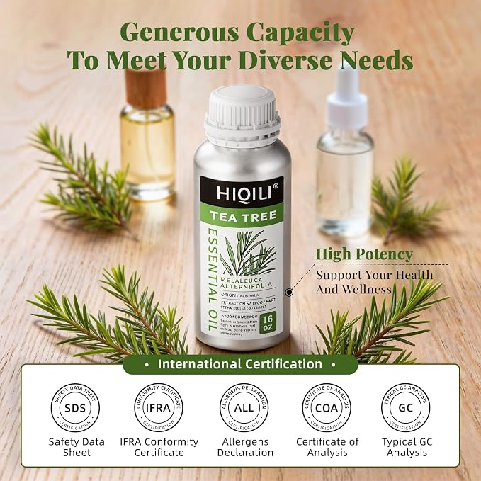 HIQILI Tea Tree Oil Large Capacity for DIY Candles, Soaps and Nail Care | Ideal for Home Stockpile, Foot Spa, Nail Salon, Beauty Salon, Hotel, DIY Studio - 500ml/16 fl oz