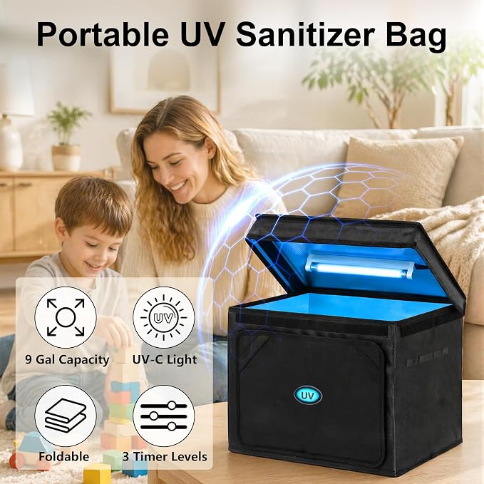 Large UV Sanitizer Box, 36L Portable Sanitizing and Cleaning Machine with 3-Level Timer, Foldable UV Cleaner Box for Household Use Like Phone, Towel, Key, Etc. Ozone Free