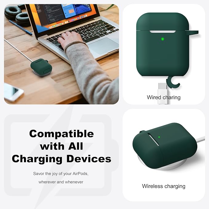 R-fun for AirPods 1/2 Case, Soft Silicone Protective Cover with Keychain and Cleaning Pen, Compatible with AirPods 2nd/1st Generation (2016/2019), Full Drop Protection Cover, Black Green