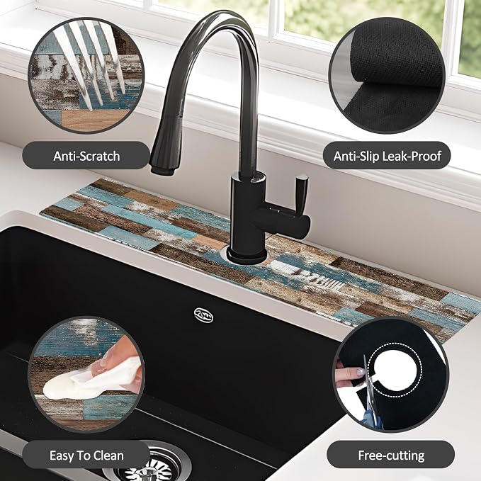 2PCS 24" X 5.5" Kitchen Sink Splash Guard Faucet Mat Wood Grain Super Absorbent Fast Drying Faucet Guard & Draining Mat Sink Splash Guard Behind Faucet for Kitchen, Bathroom