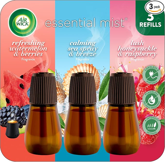 Air Wick Essential Mist Refill Multipack - Watermelon & Berries, Sea Spray & Breeze, Honeysuckle & Raspberry, 3 Count