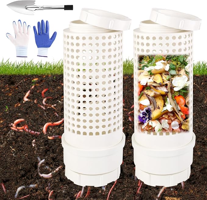 2 Packs Inground Worm Composter, Outdoor Worm Compost Bin Kit with Lid | Worm Composter with Shovel & Gloves, for Raised Garden Beds, Reducing Food Waste Composting Systems