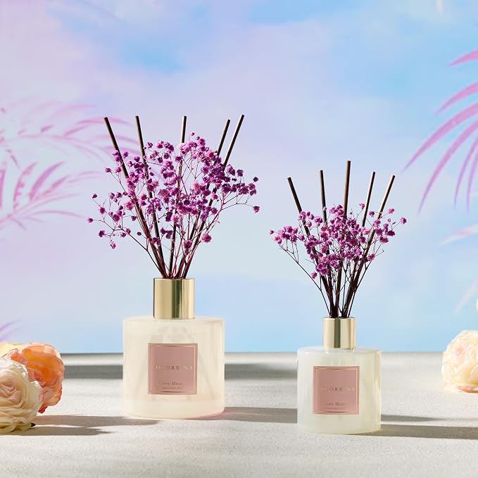 Reed Diffuser - Cherry Blossom 17 Fl.oz Reed Diffuser with 8 Sticks Scented Diffuser with Preserved Flowers for Bathroom Home Decor