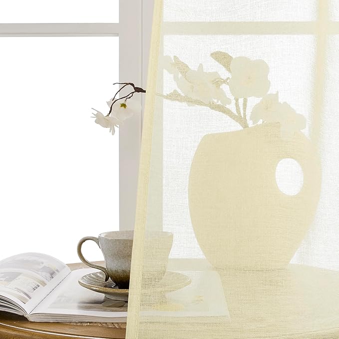 Tollpiz Sheer Door Curtain Closet Linen Textured Curtains Sheer Doorway Light Filtering Voile Patio Door Rod Pocket Curtain French Door, 54 x 72 inches Long, Transparent Yellow, Set of 1 Panel