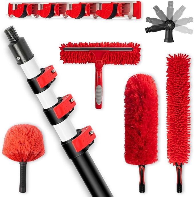 20FT High Reach Ceiling Duster Kit with 5-12ft Extension Pole – Fan & Cobweb Cleaner, Microfiber Feather Duster, 2-in-1 Window Squeegee, 270° Rotating Head, Reusable & Washable, Wall-Mount Rack