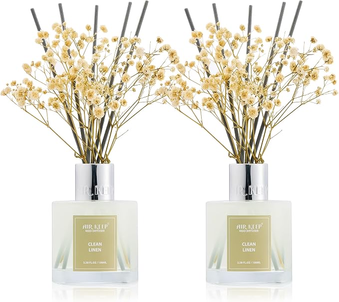 Reed Diffuser 3.38 oz (100ml) 2pk, Clean Linen Scented Reed Diffuser Set,Reed Diffuser & Oil Diffuser Sticks, Aromatherapy, Airkeep Reed Diffuser Set Box 2-Clean Linen