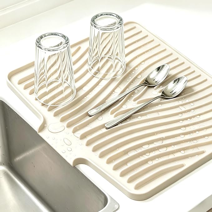 EBIGIC Silicone Dish Drying Mat,19.7"*17"Dish Drying Pad ,Kitchen Accessories,with Built-In and Non-Slip Drain,Easy Clean, Fit for Kitchen, Bar, RV, Refrigerator and Drawer Liner, Off White