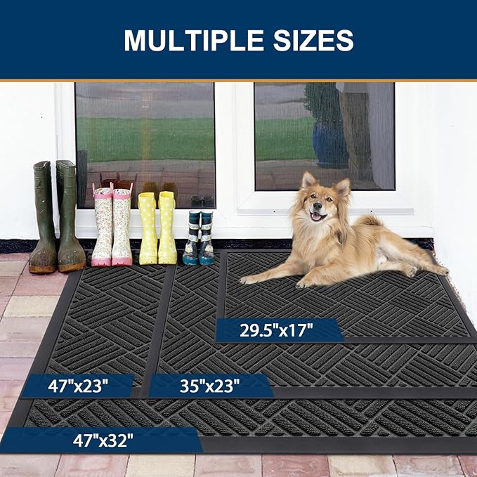 Smiry Front Door Mat Outside Entrance, Heavy Duty Outdoor Indoor Natural Rubber Doormat, Non Slip, Trap Dirt and Moisture, Easy Clean, Low Profile Patio Porch Entryway Mat, 71x47, Black