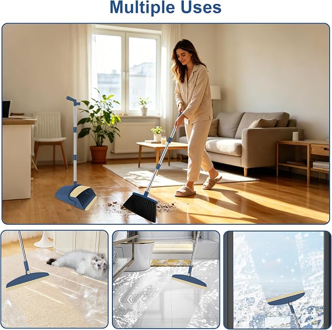 Broom and Dustpan Combo Set, 51" Long Handle with Squeegee & Mini Set | Blue Complete Cleaning Kit, Floor Squeegee for Wet & Dry Messes, Built-in Comb Dustpan, Mini Broom Set，for Home & Pet Areas