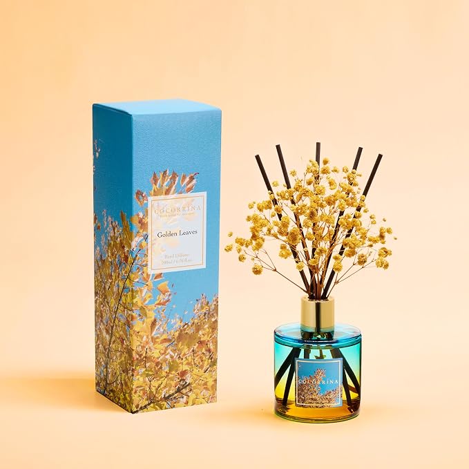 Reed Diffuser - Golden Leaves Reed Diffuser Set with 8 Sticks & Preserved Baby's Breath, Reed Diffuser for Home Bathroom Shelf Decor