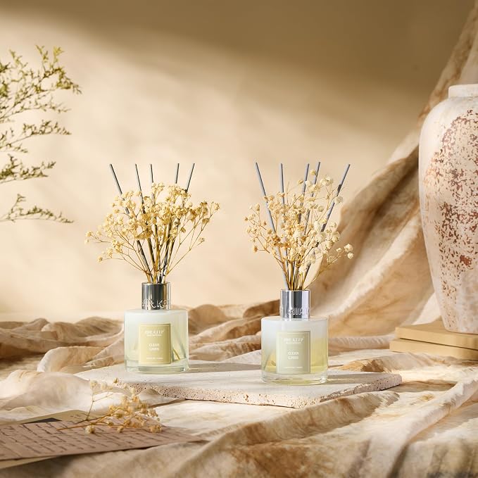 Reed Diffuser 3.38 oz (100ml) 2pk, Clean Linen Scented Reed Diffuser Set,Reed Diffuser & Oil Diffuser Sticks, Aromatherapy, Airkeep Reed Diffuser Set Box 2-Clean Linen