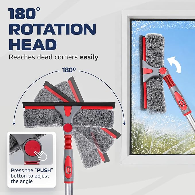 2-in-1 Window Cleaning Squeegee Kit with 60’’ Extension Pole, Rotatable Bendable Head, Microfiber & Chenille Pads, Window Cleaner Tool for Indoor/Outdoor, High Windows, Shower and Car