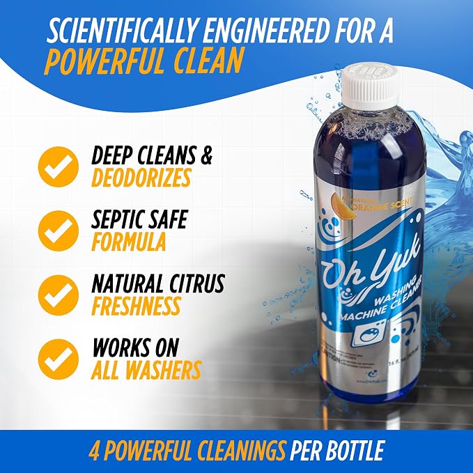 Oh Yuk Washing Machine Cleaner For All Washers (Top Load, Front Load, HE and Non-HE), Natural Citrus Fragrance, Four Cleanings Per Bottle, Septic Safe, 16 Fl Oz
