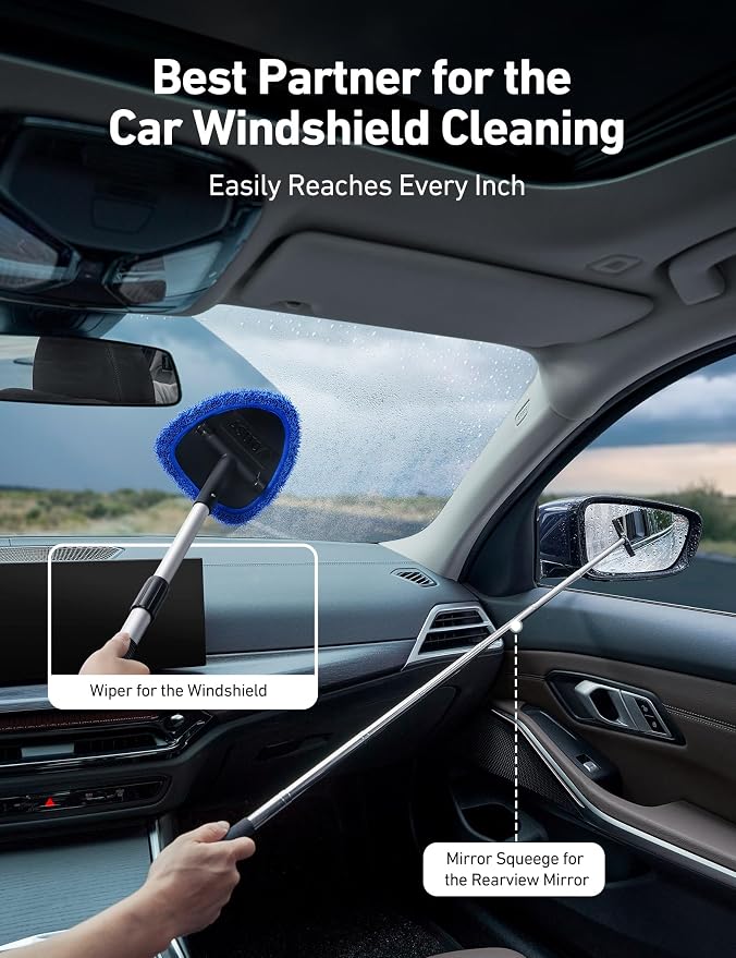 AstroAI 5pcs Windshield Cleaner Tool & Car Window Cleaning Kit | Extendable Handle, 1 39in Car Mirror Squeegee, 4 Reusable Microfiber Pads, Perfect for Auto & Home Windows, Blue