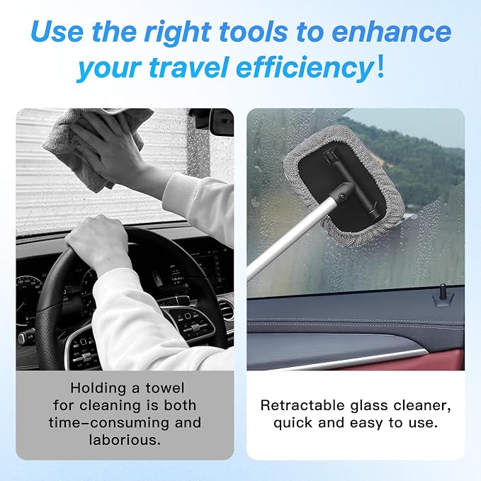 Car Windshield Cleaner Tool Kit with Extendable Handle, Vehicle Window Cleaner with 4 Microfiber Pads and 1 Empty Spray Bottle, Auto Windscreen Cleaning Tool, Universal Fit (Rectangular)